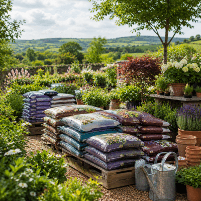 Bags of compost and growing media displayed at Buckovers Garden Centre near Thornbury