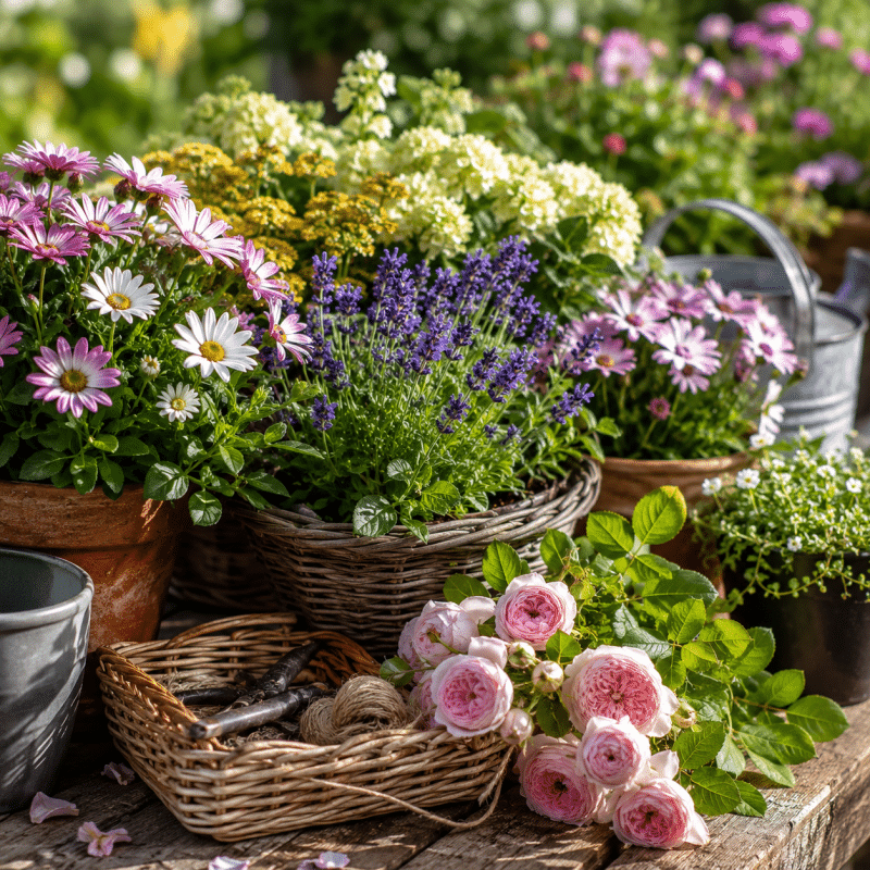 Fresh seasonal flowers and garden plants displayed in a rustic outdoor setting