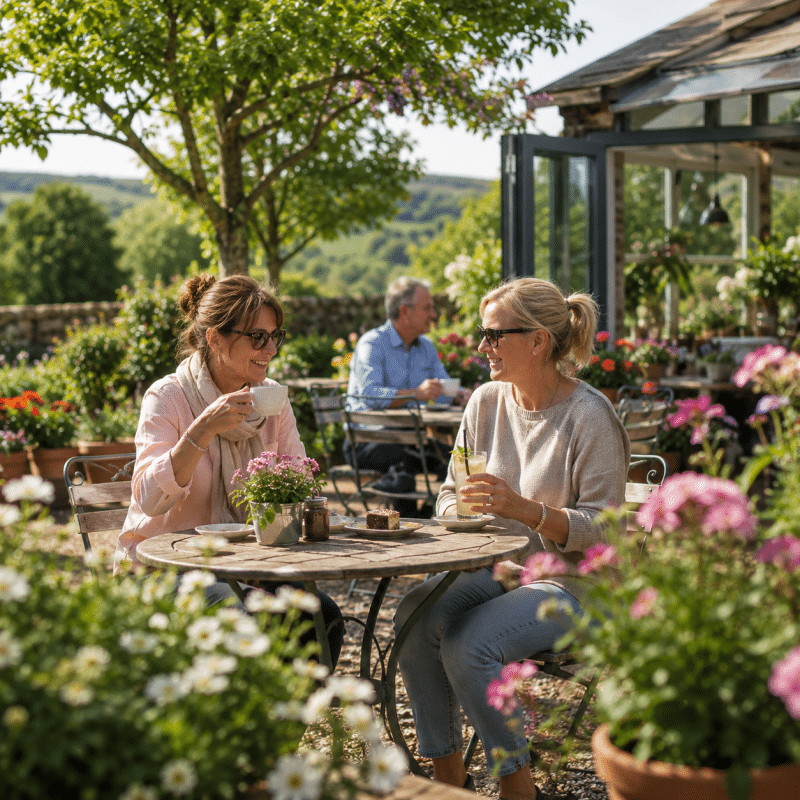 Visitors enjoying coffee outdoors near Buckovers Garden Centre and The Little Nook café